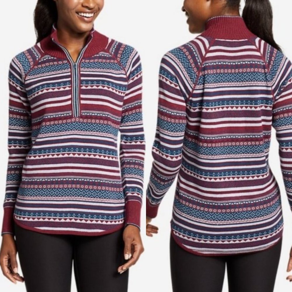 Eddie Bauer Engage Fair Isle Burgundy Purple Quarter Zip Pullover Sweater Large